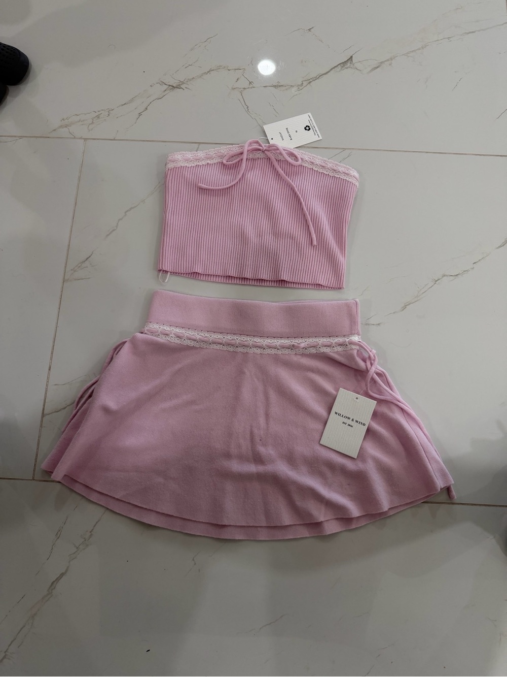 Pink Lace-Trim Skater Dress Set - Unbranded